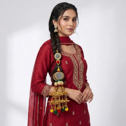 Design 1 Dori Gold And Multi Colour Punjabi Dori Hair Accessory With Mirror Dori for Womens